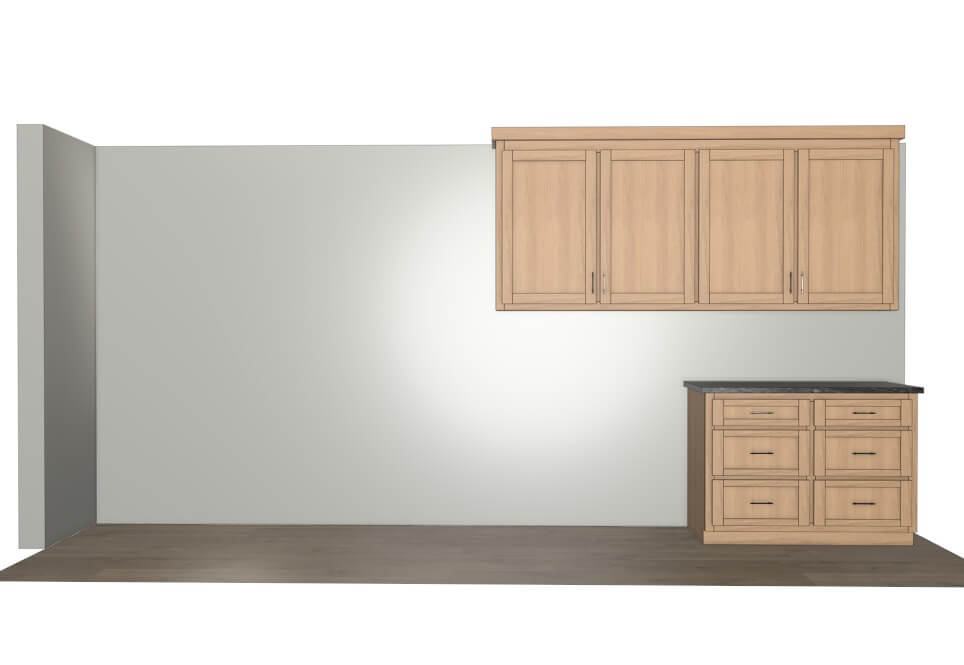 3D rendering of the office supply storage added at Tower Business Complex — six-drawer white oak base cabinet with matching uppers extending the original run.